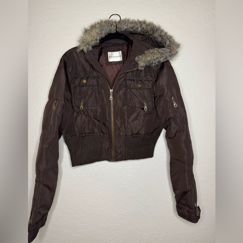 No Boundaries Dark Brown Quilted Bomber Jacket with Faux Fur Hood Y2K